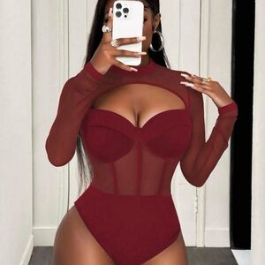Sheer Mesh Cutout Long-Sleeve Bodysuit in Wine
